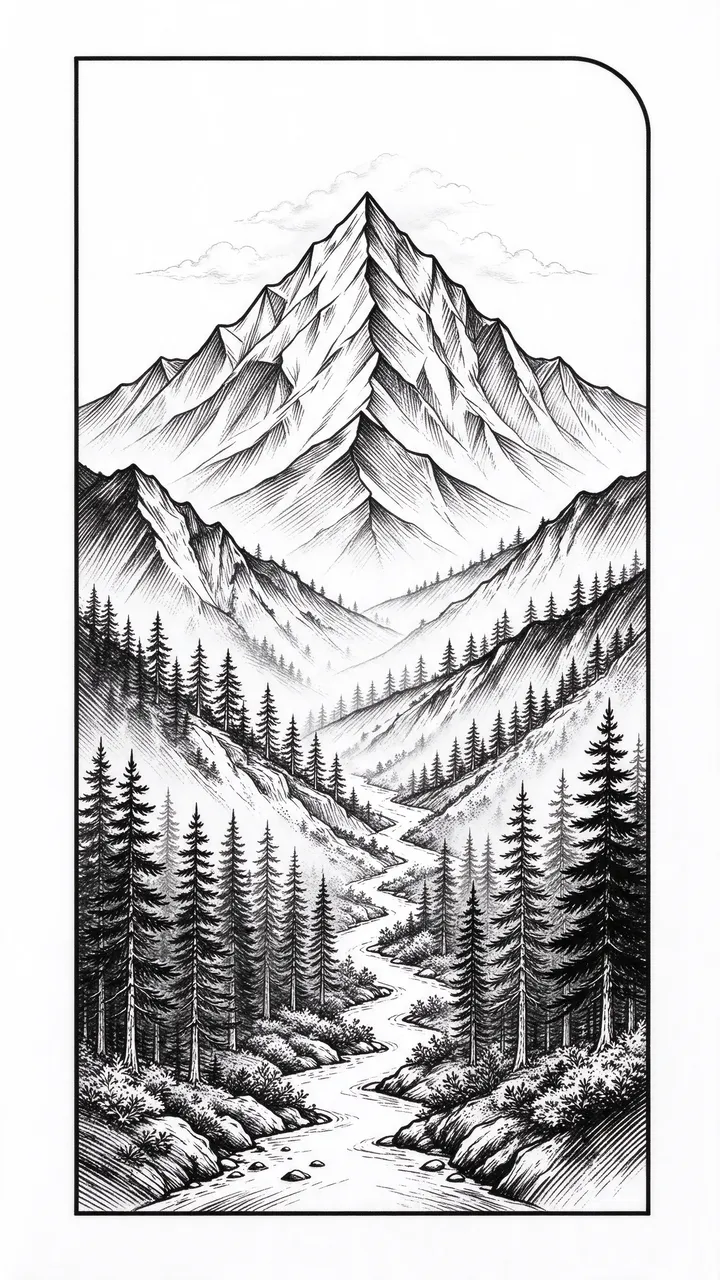 Fine black linework illustration of a pine forest, winding river and mountain peak in a tall narrow framed rectangle