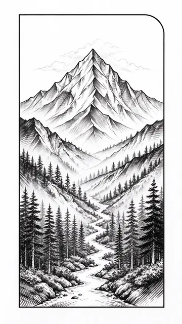 Fine black linework illustration of a pine forest, winding river and mountain peak in a tall narrow framed rectangle