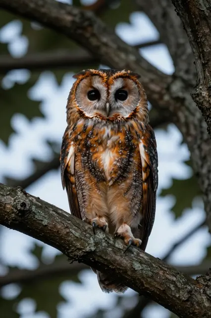 A tawny owl sits upright on a lichen-covered oak branch, facing the camera at dusk