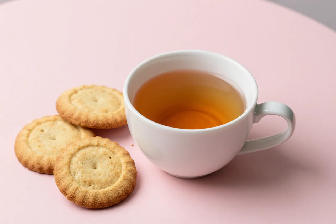 A white cup of tea sits beside three shortbread cookies on a smooth pink tabletop with empty copy space.