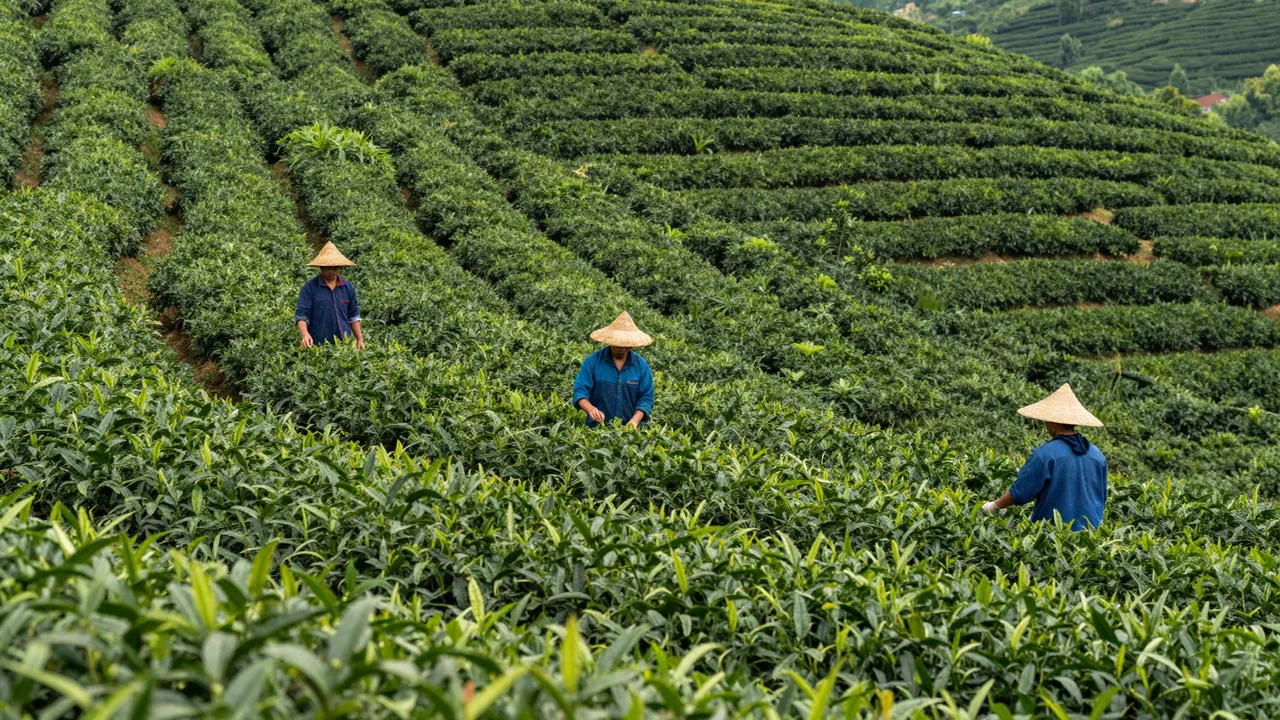 Three tea pickers in conical straw hats work among rows of green tea bushes on a rolling hillside plantation seen from a
