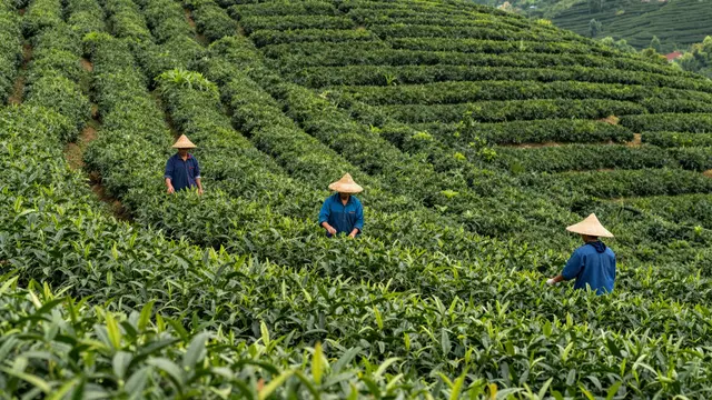 Three tea pickers in conical straw hats work among rows of green tea bushes on a rolling hillside plantation seen from a