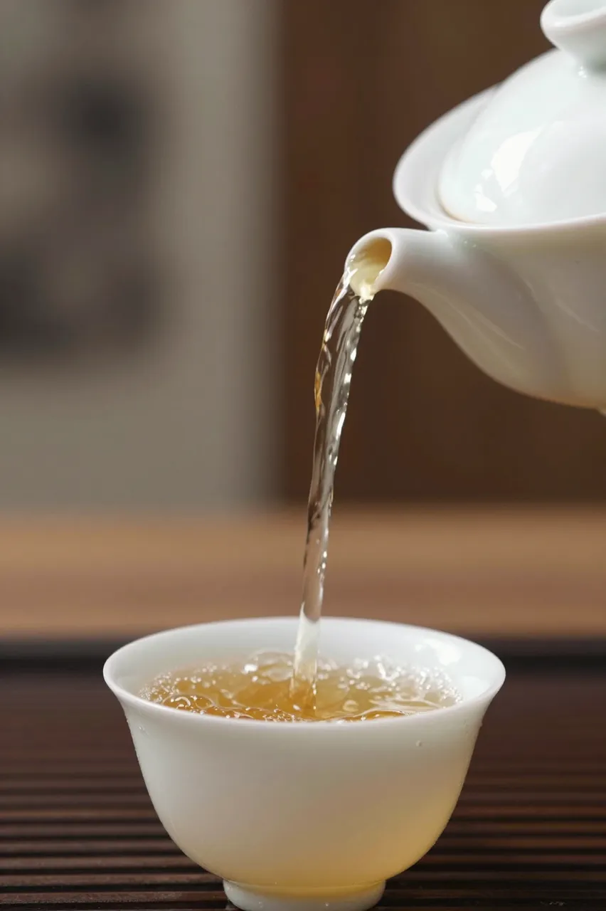 Light amber tea pours from a white ceramic teapot spout into a small white teacup.