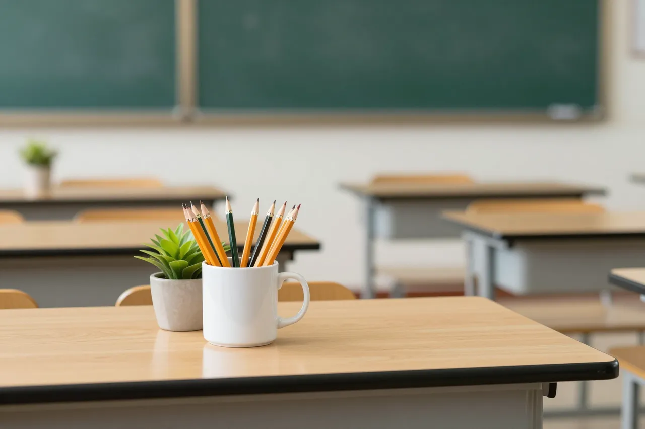 A white mug of pencils and a small potted succulent sit on a wooden teacher desk in an empty classroom.