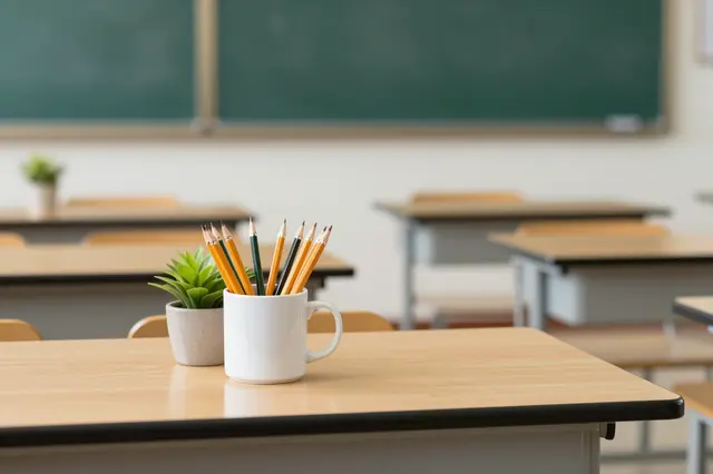 A white mug of pencils and a small potted succulent sit on a wooden teacher desk in an empty classroom.