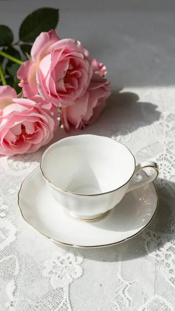 White porcelain teacup with gold trim rests on lace beside pink garden roses in bright morning light