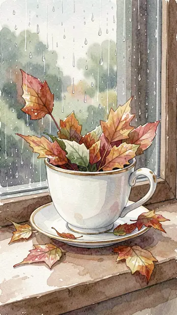 Watercolor illustration of a white teacup filled with fall leaves resting on a saucer on a rainy windowsill