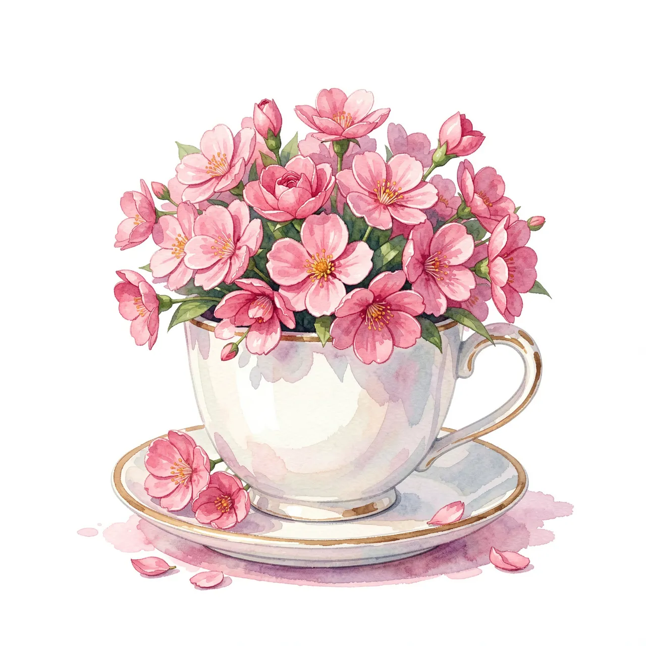 Watercolor illustration of a white gilded teacup filled with pink flowers resting on a matching saucer