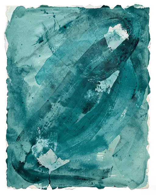 Torn edge paper abstract artwork with layered teal watercolor washes and expressive brush strokes