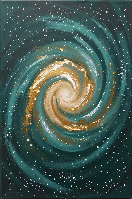 Gouache painting of a swirling spiral galaxy with teal bands, gold accents, and scattered speckled white stars.