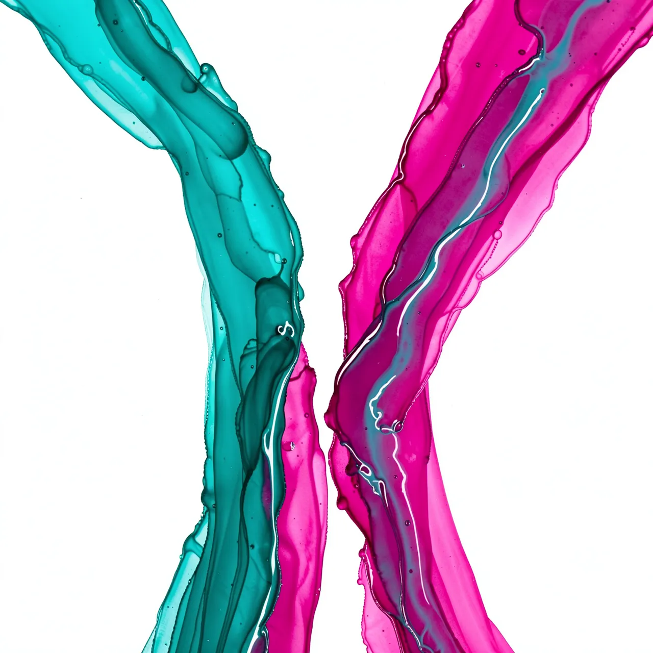 Glossy teal and bright magenta alcohol ink streams flow toward each other on a white background