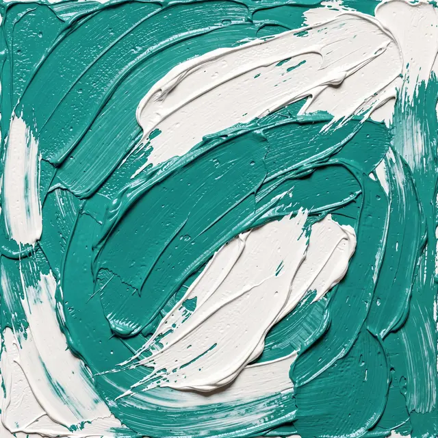 Thick textured swirling impasto paint strokes in teal and bright white fill the full frame