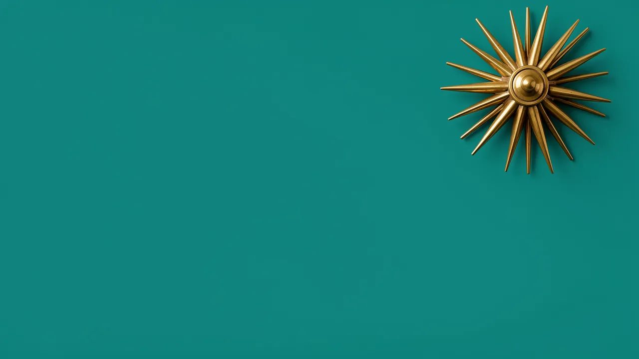 A polished mid-century brass starburst sits at the top right of a solid teal background with large empty copy space.