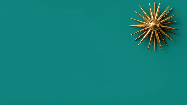 A polished mid-century brass starburst sits at the top right of a solid teal background with large empty copy space.