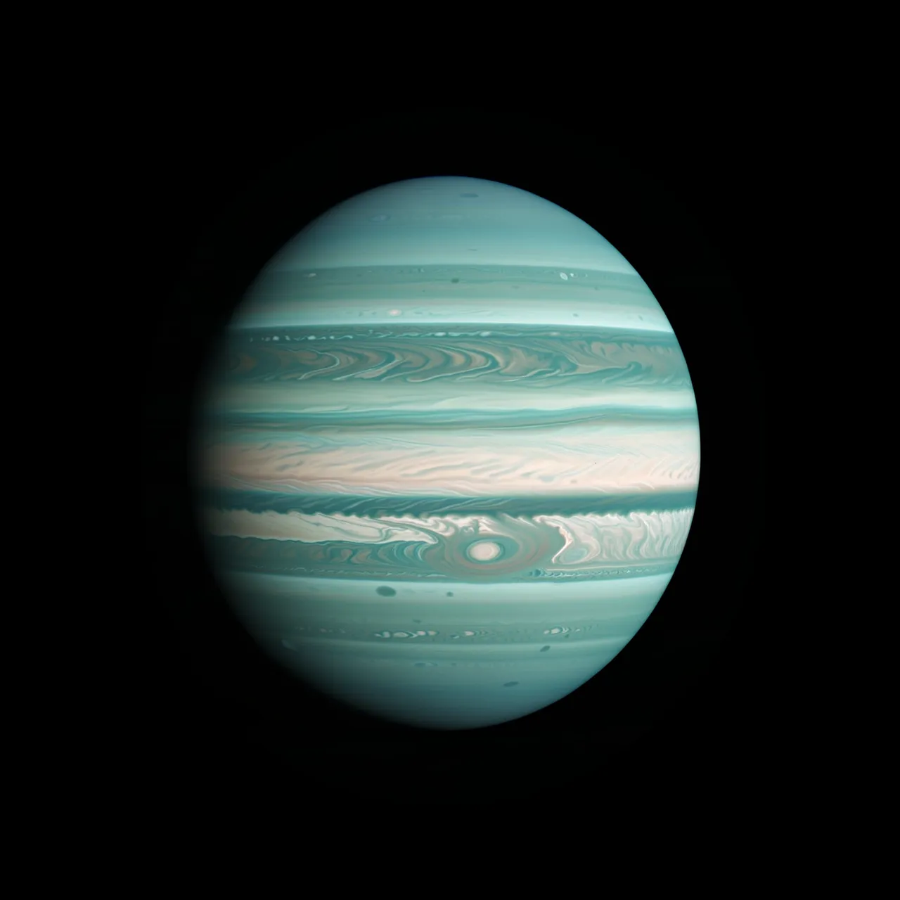 A striped teal gas giant with an equatorial pale storm floats against a solid black space background