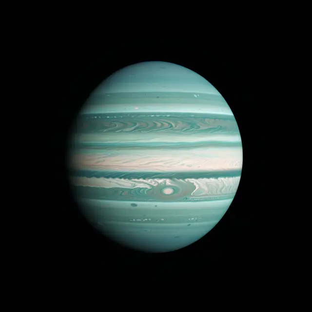 A striped teal gas giant with an equatorial pale storm floats against a solid black space background
