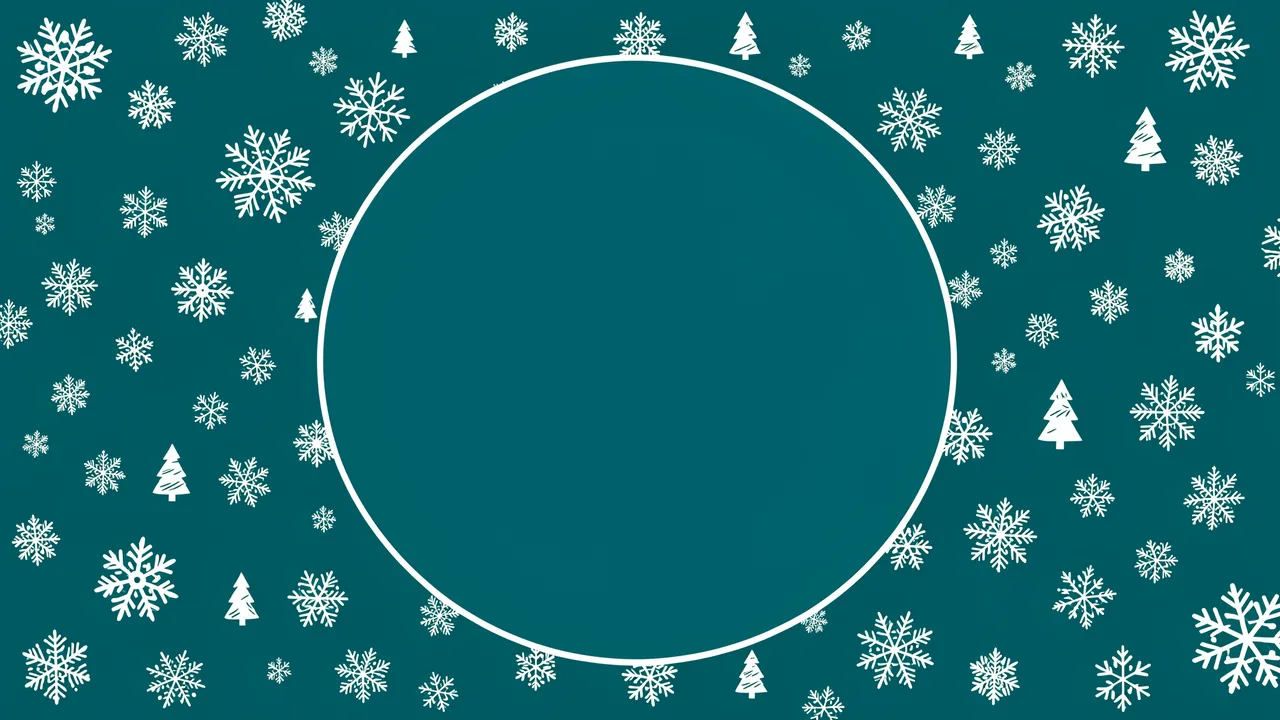 A deep teal background decorated with white snowflakes, tiny trees, and an empty central circular frame