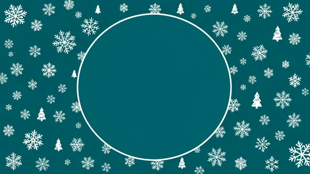 A deep teal background decorated with white snowflakes, tiny trees, and an empty central circular frame