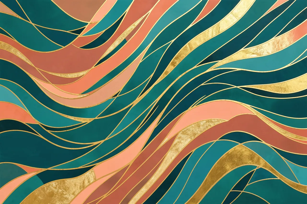 Abstract flowing curved mosaic bands in teal, coral, and textured gold lines