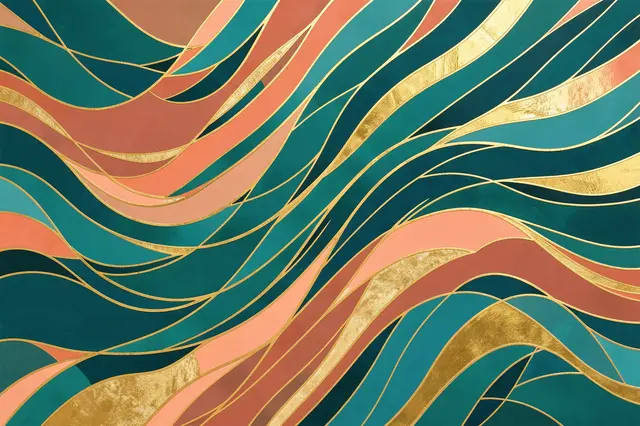 Abstract flowing curved mosaic bands in teal, coral, and textured gold lines