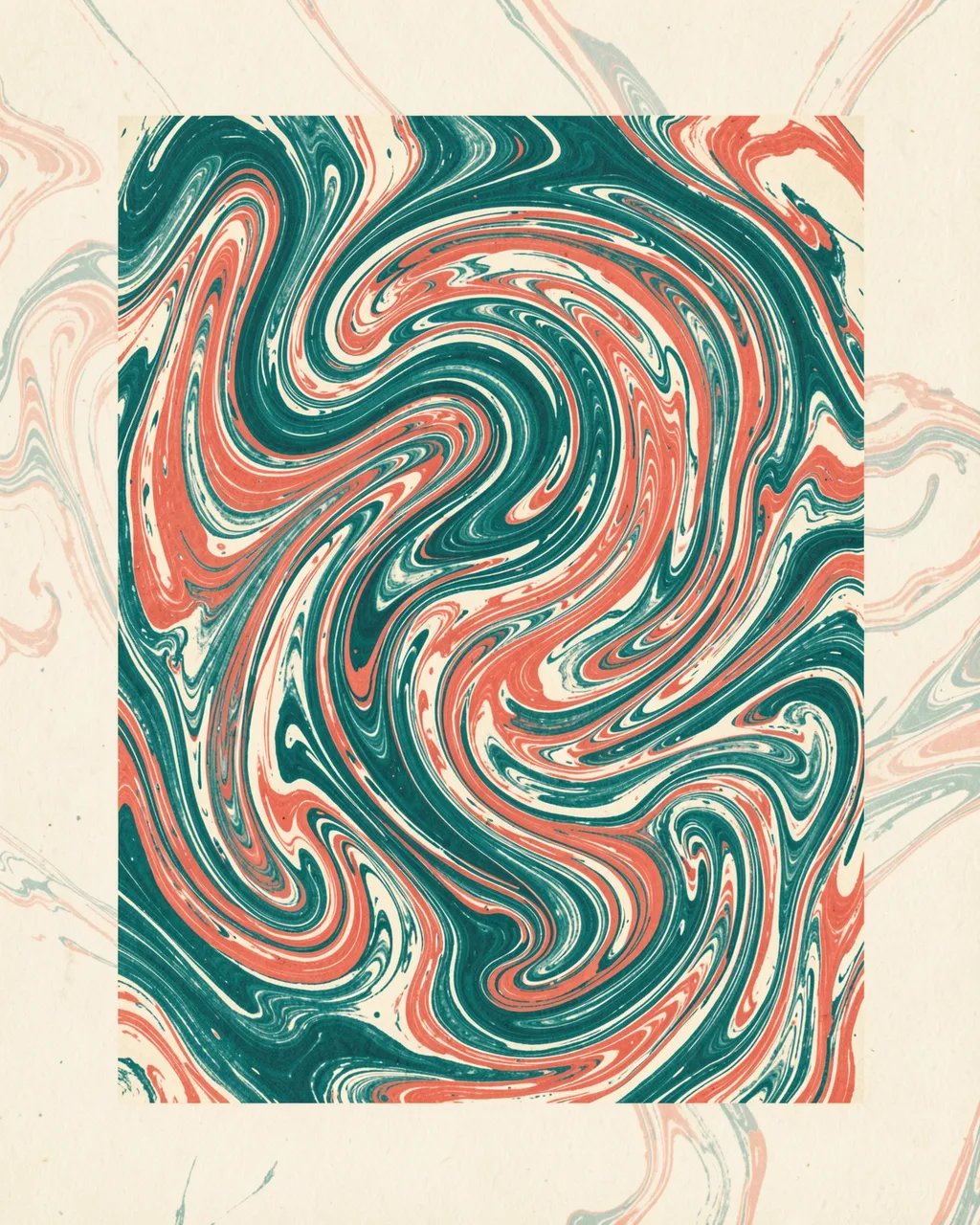 Swirling marbled paper design with bold teal and coral spiral eddies on a cream background