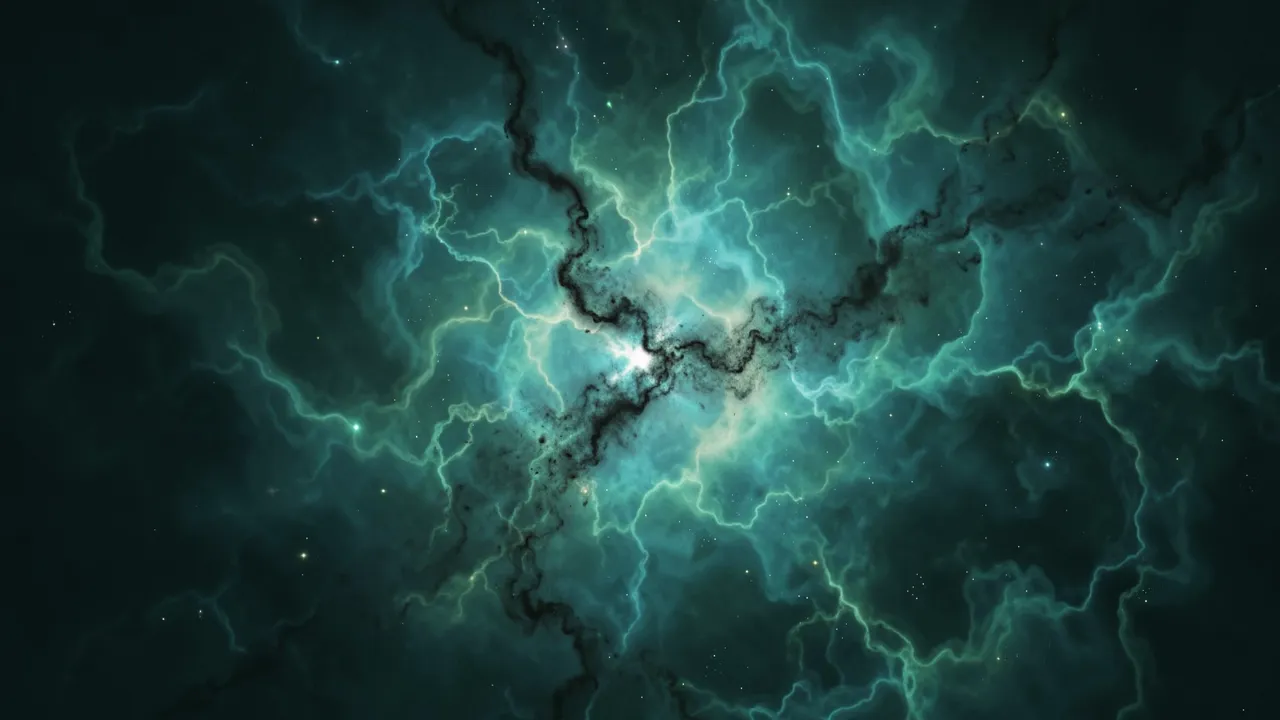 Glowing teal and sea-green nebula crisscrossed by dark winding dust lanes against a starry space backdrop