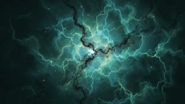 Glowing teal and sea-green nebula crisscrossed by dark winding dust lanes against a starry space backdrop