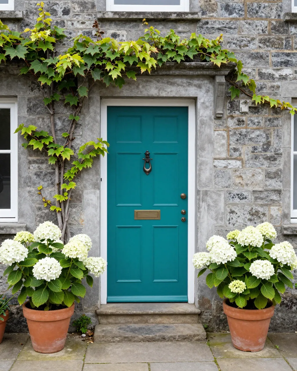 A teal front door framed by climbing ivy and potted white hydrangeas on a gray stone cottage