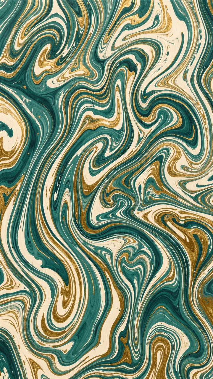 Hand-painted marbled swirls in teal, metallic gold, and cream form flowing combed ripples across the full frame