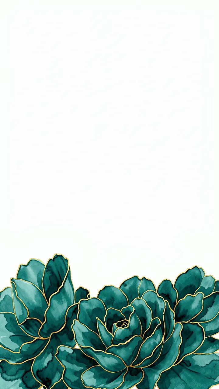 Watercolor teal flowers with thin gold outlines sit along the bottom of a plain white vertical background with empty upper