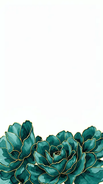 Watercolor teal flowers with thin gold outlines sit along the bottom of a plain white vertical background with empty upper