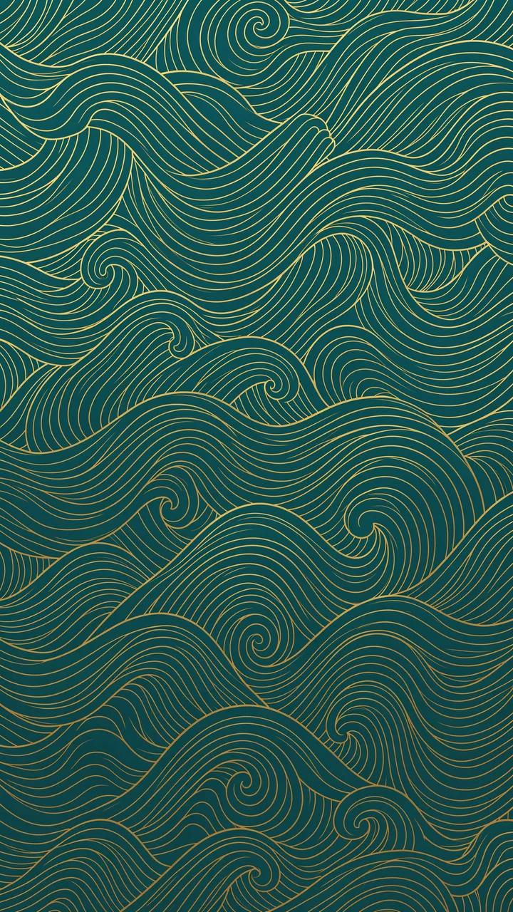 Vertical seamless teal wallpaper with intricate thin gold line art forming swirling wave patterns