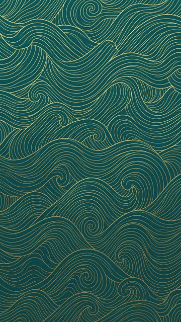 Vertical seamless teal wallpaper with intricate thin gold line art forming swirling wave patterns