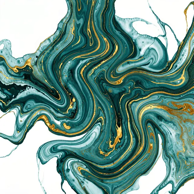 Flowing abstract marble ink swirls in varying teal shades and metallic gold against a white background
