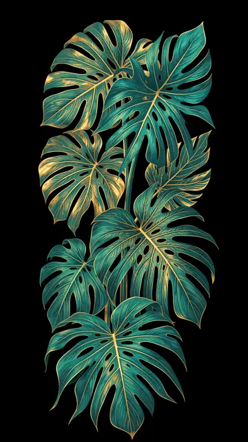 Vertical illustration of detailed teal monstera leaves with gold accents against a solid black background