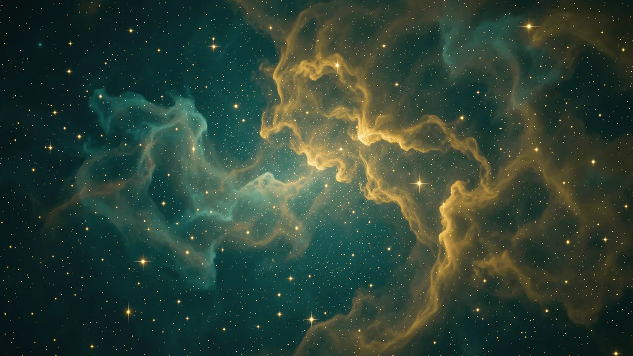Swirling teal and golden nebula clouds fill a starry deep space scene