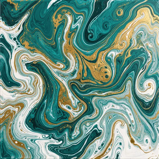 Flowing swirling abstract acrylic pour pattern in teal, gold, and bright white tones