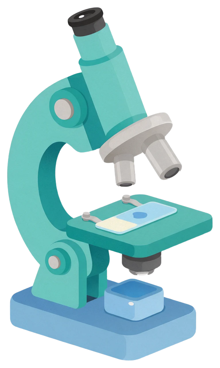 Flat rounded illustration of a teal side-view laboratory microscope with a glass slide on its stage