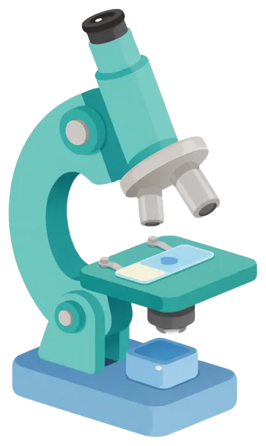 Flat rounded illustration of a teal side-view laboratory microscope with a glass slide on its stage