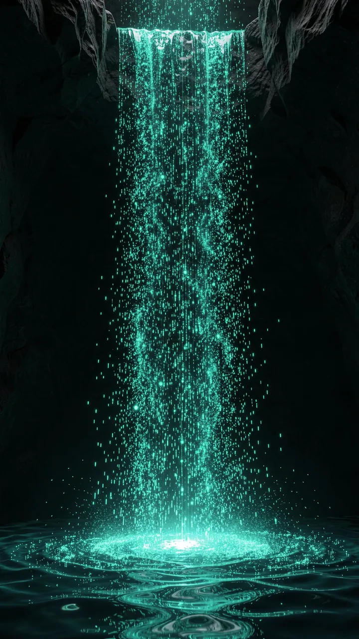 A vertical waterfall of glowing teal light particles pours over rock ledge into a rippling luminous pool in a dark cave