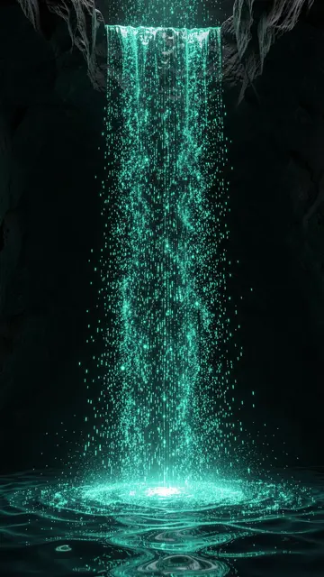 A vertical waterfall of glowing teal light particles pours over rock ledge into a rippling luminous pool in a dark cave