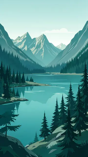 Vertical teal-toned illustration of a calm mountain lake surrounded by pine trees and rocky peaks