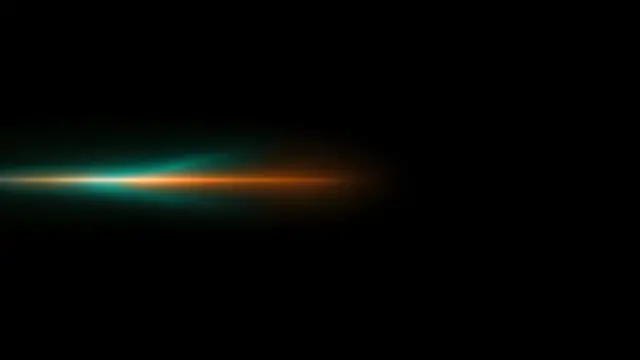 A horizontal teal and orange anamorphic light streak with soft glow sits against a pure black background