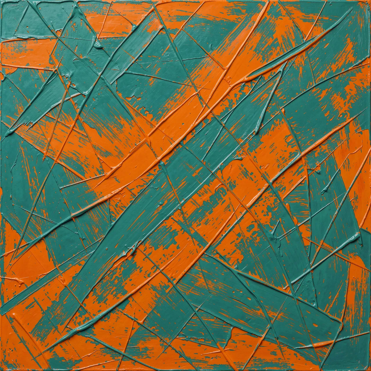 Thick impasto abstract painting with sgraffito scratch lines over layered teal and orange paint