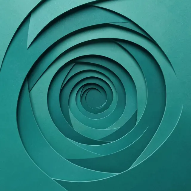 Layered teal paper cutout forms an abstract concentric spiral tunnel with soft drop shadows