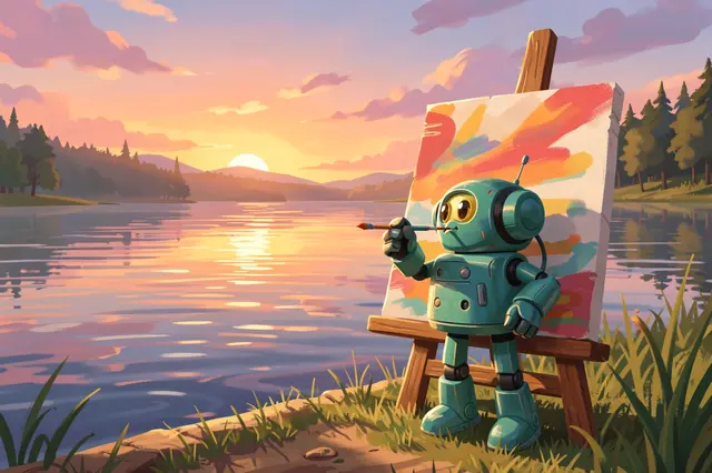 A small whimsical teal robot paints a sunset on an easel at the edge of a calm lake during golden hour