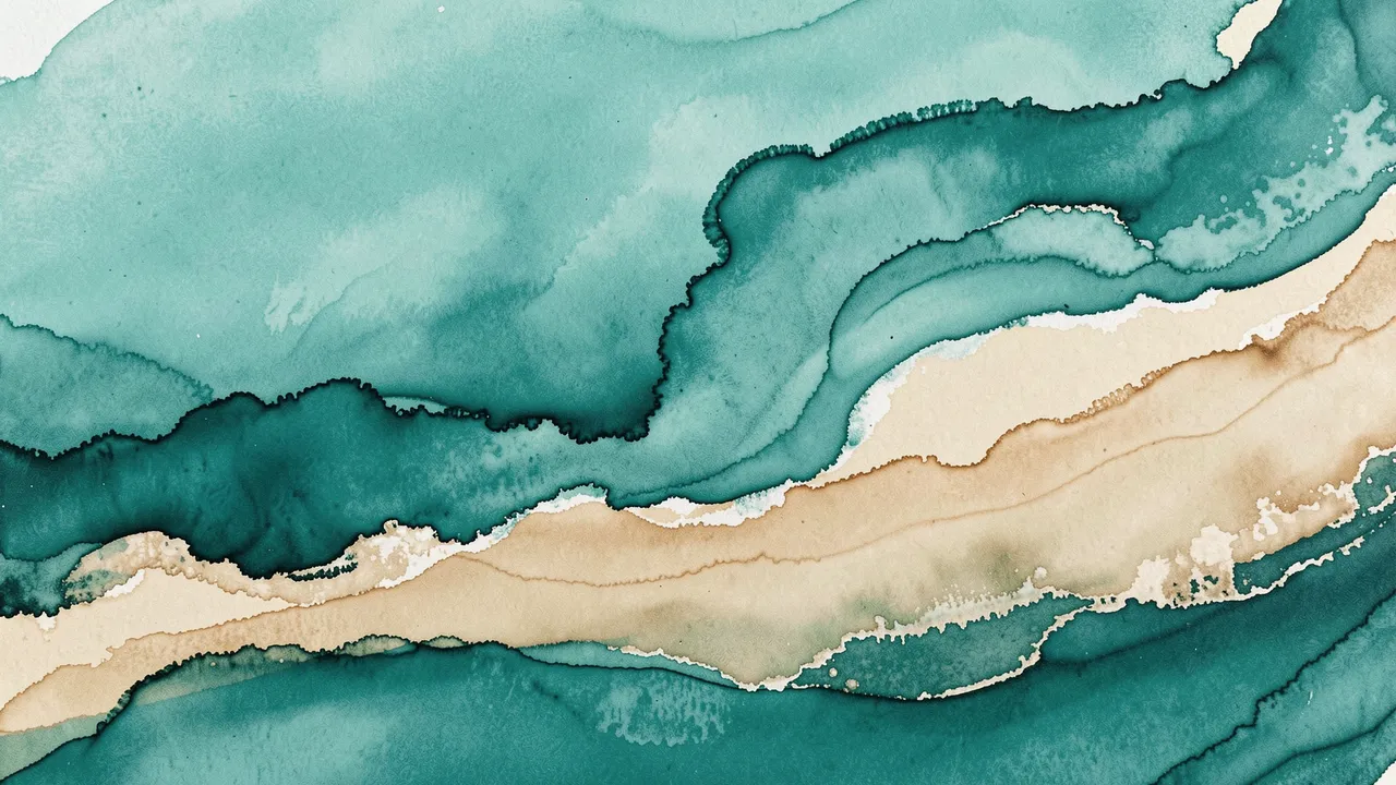 Flowing layered alcohol ink in teal and sand tones forming an abstract coastline pattern