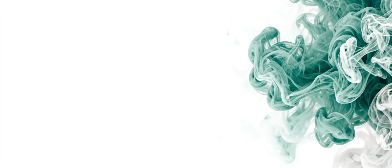 Wispy teal and white swirling smoke drifts from the right side against a plain white empty left area
