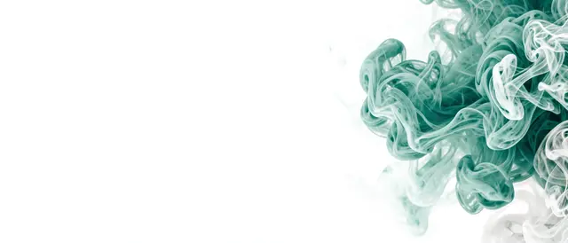 Wispy teal and white swirling smoke drifts from the right side against a plain white empty left area