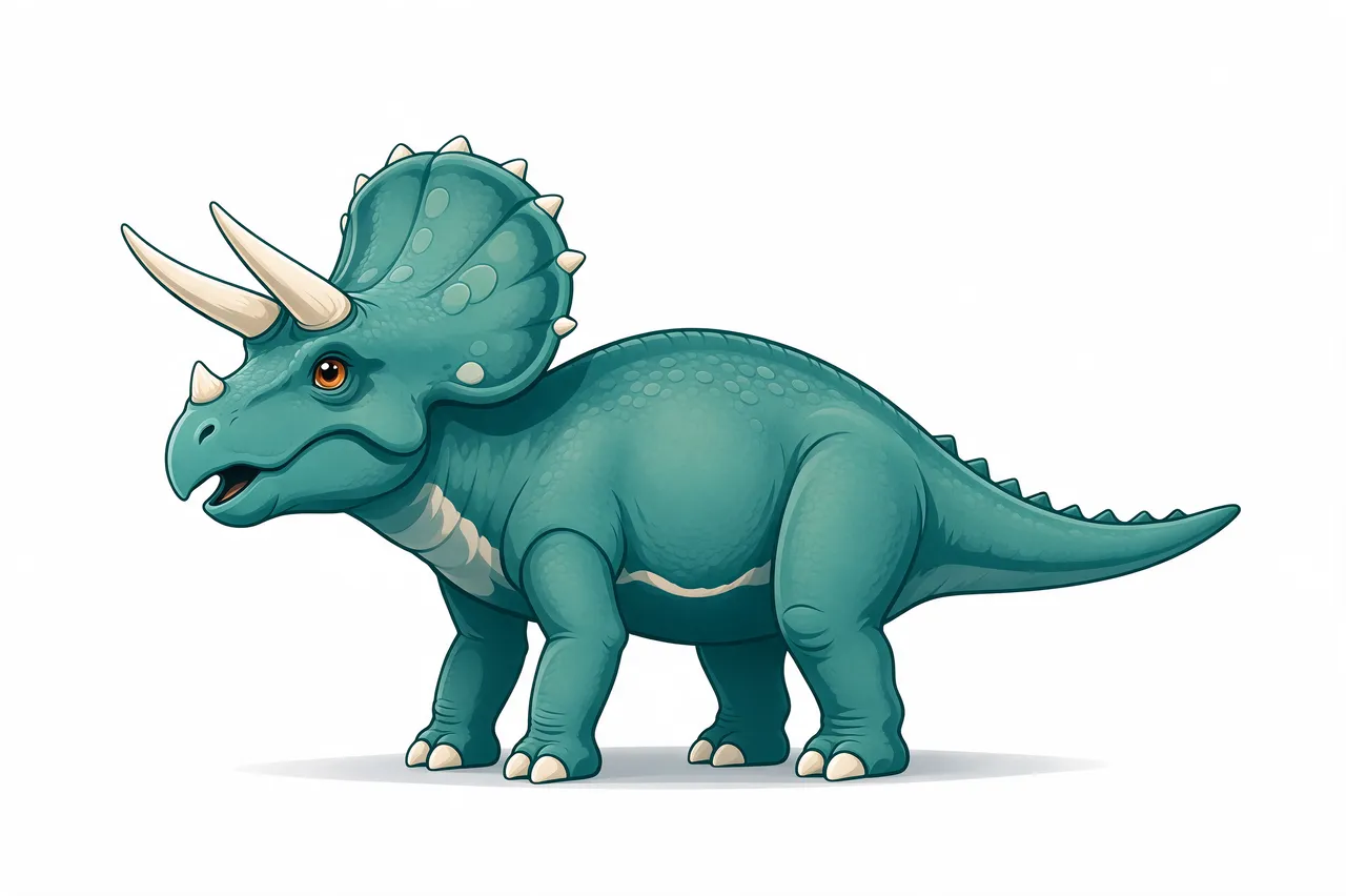 Side view flat clipart of a teal three-horned triceratops with a neck frill on a plain white background